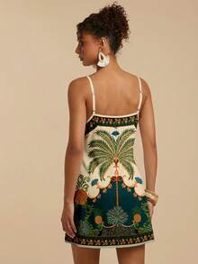Travachic Casual Minimalist Vacation Bohemian Elegant Retro Parrot & Palm Tree Pattern Olive Green & Beige Print, Comfortable Loose Tie-Up Strap Mini Dress For Women, Suitable For Spring/Summer Tropical Print Dress Resort Dress Tropical Vacation Dress Spring - White - View 2