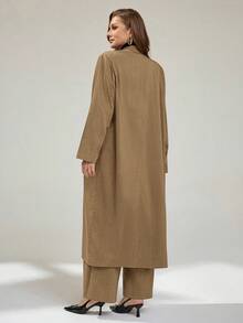 Auralis Plus Size Casual Commuter Jacket And Pants Suit - Camel - View 2