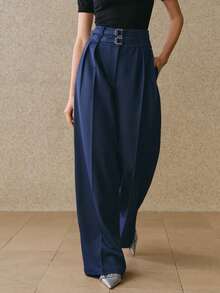 Anewsta 复古设计双皮带扣装饰超高腰休闲垂坠女士西装裤，春夏款 - 深色水洗藍 - 查看 4