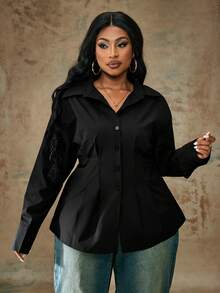 Truni 大码纯色前扣收腰长袖衬衫，秋季休闲风格 - 黑色 - 查看 4