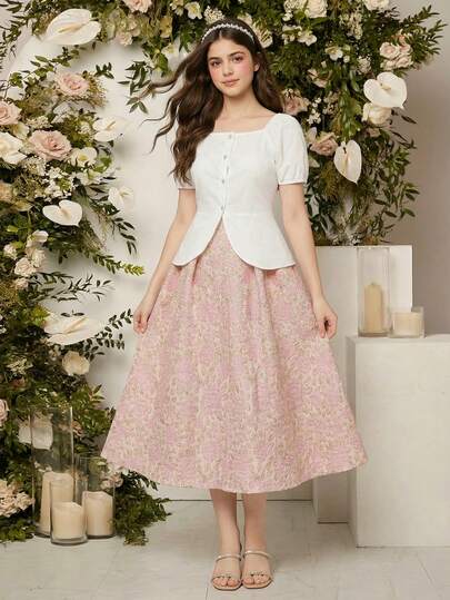 SHEIN 2pcs Set Teenage Girls Elegant Commuter & Party Luxury Princess Outfit, Puff Sleeve Square Collar Blouse + Floral Textured Waist Ruffle Hem Skirt Set, For Party & Daily Wear