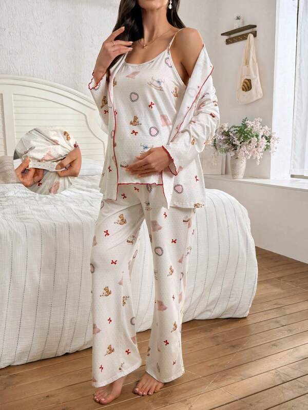 SHEIN 3pcs Maternity Sleepwear Set: Polka Dot & Ditsy Floral Camisole Pants + Long Sleeve Cardigan