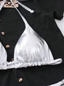 Summer Beach Metallic Bikini Set Triangle Bra & Thong Bottom 2 Piece Bathing Suit - Silver - View 7