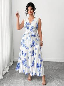 Elenzga 大码女士优雅印花褶皱连衣裙 - 彩色 - 查看 7