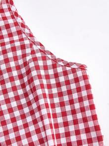 SHEIN 少女休闲度假优雅通勤上学修身翻领无袖褶皱编织蓝白条纹收腰A字纽扣衬衫 - 紅色 - 查看 9