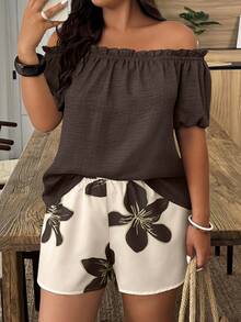 Weeklong Plus Size Casual Vacation Style Off Shoulder Short Sleeve Ruffle Hem Loose 2 Pieces Set - Multicolor - View 1