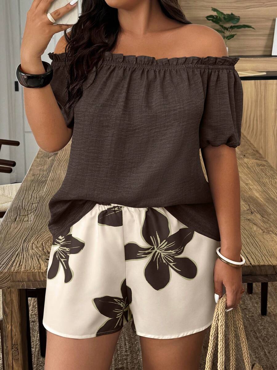 Weeklong Plus Size Casual Vacation Style Off Shoulder Short Sleeve Ruffle Hem Loose 2 Pieces Set - Multicolor - View 1