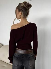 SHEIN BAE Atasan Crop Top Wanita Kasual dengan Hem Asimetris, Warna Polos, Musim Semi/Gugur - Merah tua - View 2