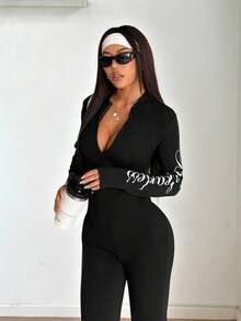 SHEIN EZwear Women's Winter Street Style Printed Sports Casual Ski Suit, Warm And Cold-Proof, Stretchy And Comfortable Black Slim-Fit Long-Sleeved Square Neck Long Thermal Jumpsuit, Spring Style. - Black - View 3
