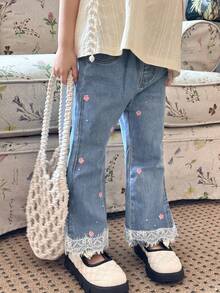 DAZY Jeans acampanados con bordado floral lindo para niñas - Azul lavado medio - Ver 2