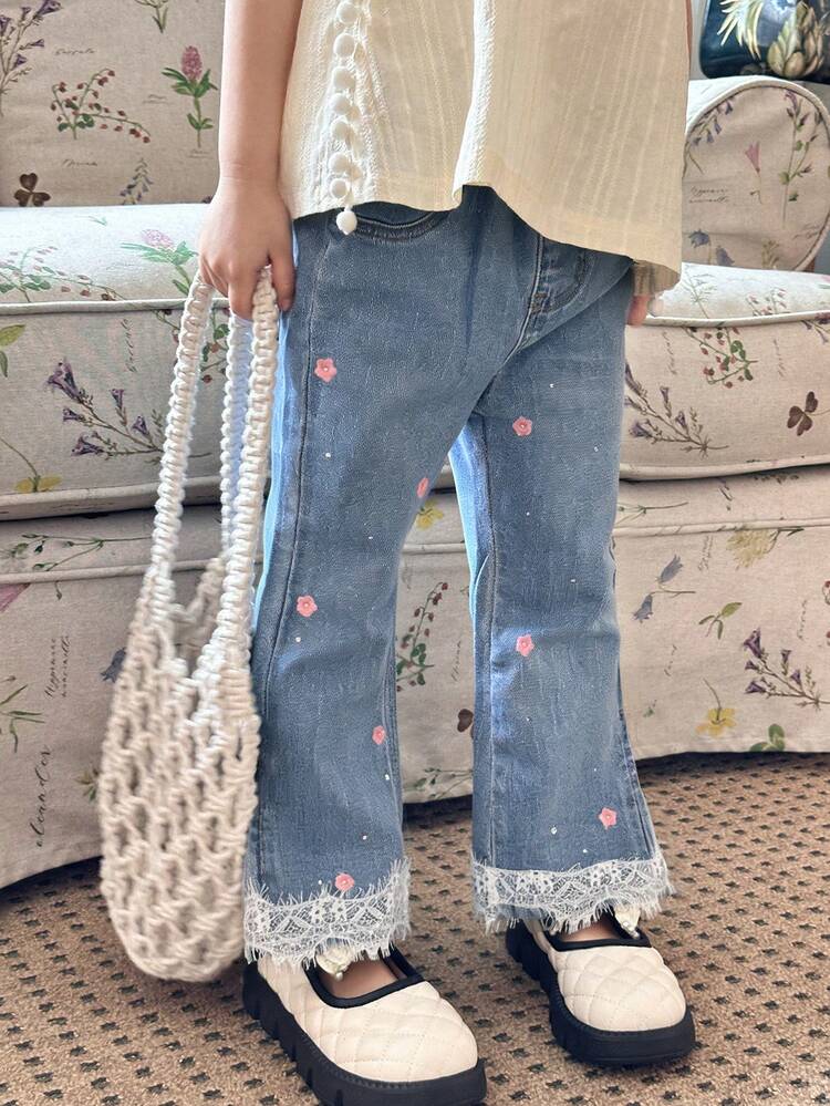 Young Girls Cute Floral Embroidered Bell-Bottom Jeans