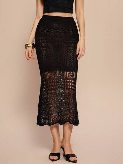 Leighera Women's Solid Color Elastic Waist Hollow Out Fishtail Knit Skirt