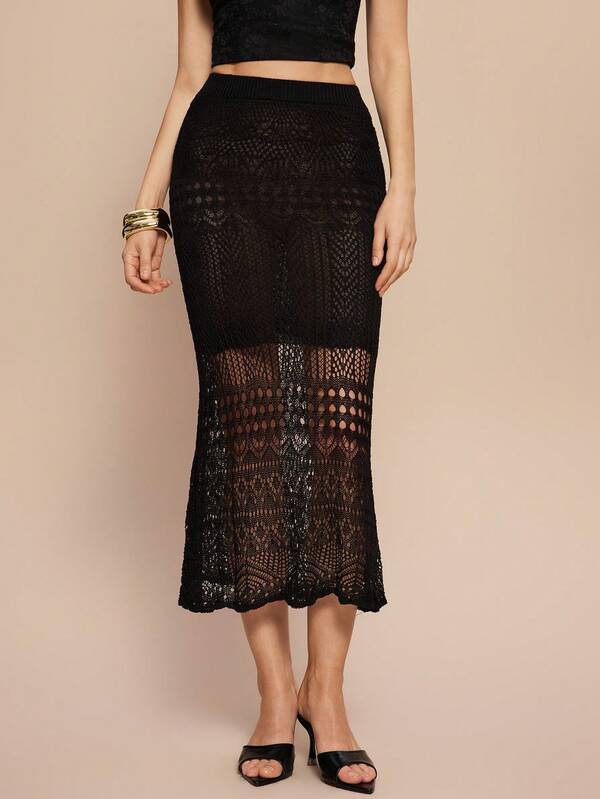 Leighera Women's Solid Color Elastic Waist Hollow Out Fishtail Knit Skirt