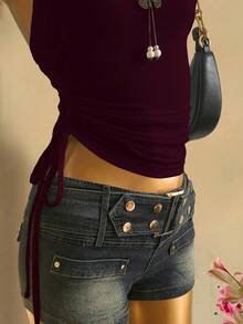 Attitoon Top tubo corto con cordón y nudo delantero casual para mujer - Rojo violeta - Ver 5