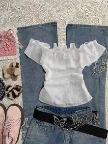 GlowEve New Women's White Embroidered Ruffle Off-Shoulder Top - White - View 1