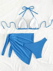 Swim Mod 女款夏季海灘純色掛脖綁帶性感比基尼泳衣套裝，附遮罩裙，藍色兩件式比基尼套裝，女款海灘度假穿搭套裝 - 藍色 - 查看 2