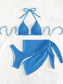 Swim Mod 女款夏季海灘純色掛脖綁帶性感比基尼泳衣套裝，附遮罩裙，藍色兩件式比基尼套裝，女款海灘度假穿搭套裝 - 藍色 - 查看 3