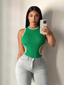 SHEIN SXY 女士夏季休闲性感黑白撞色连体衣，运动风上衣 - 綠色 - 查看 5