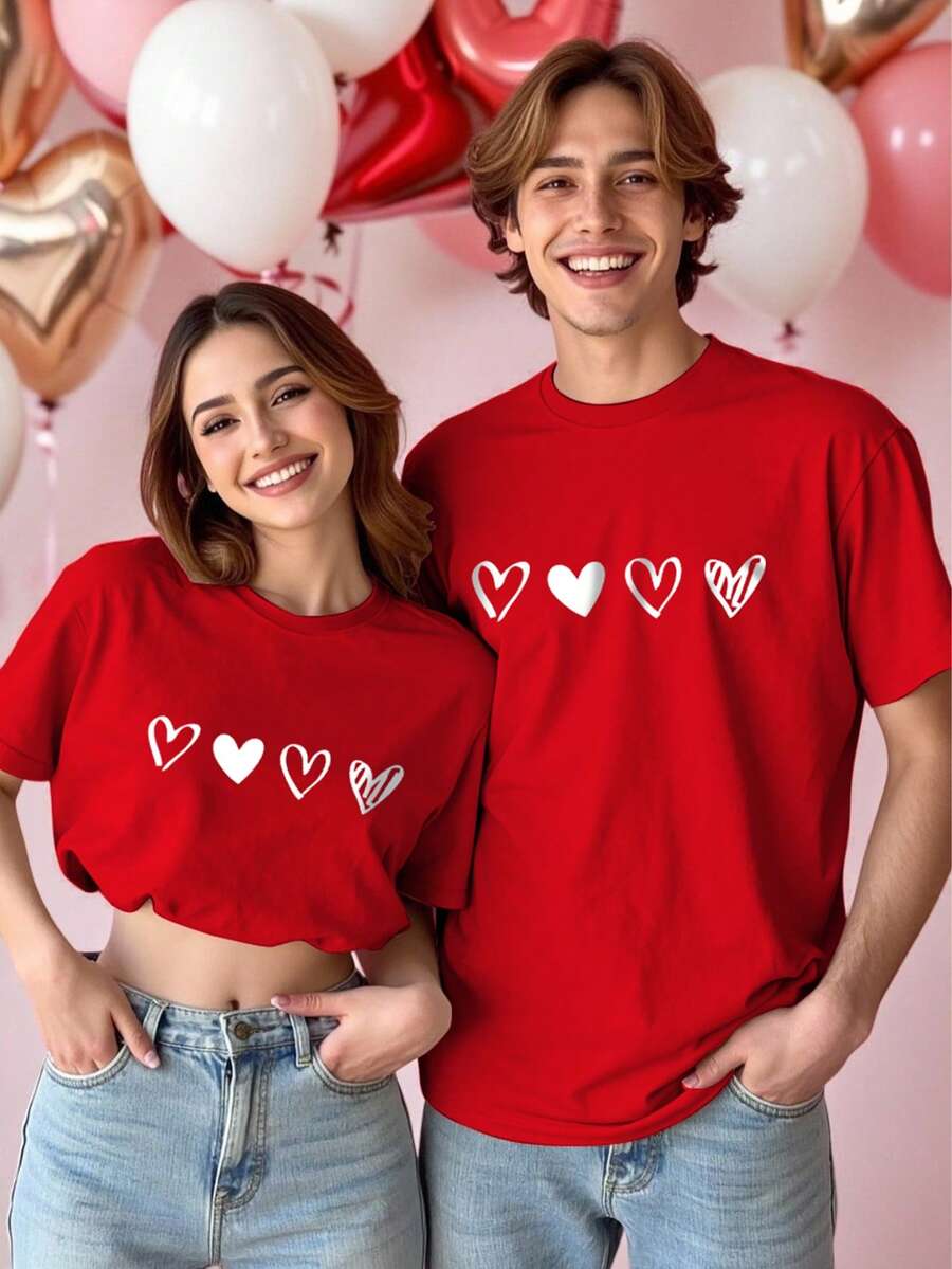 Manfinity Hypemode Men's Casual Heart Print Round Neck Short Sleeve T-Shirt, Summer Couple Twinning Outfits Couple Shirt Matching Red Graphic Tees Couple Clothes Set Red Heart Shirts - Red - View 1