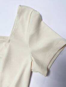 Franclia Damen T-Shirt mit quadratischem Ausschnitt, dekorativen Knöpfen und kurzen Ärmeln, einfarbig - Aprikosenfarben - Übersicht 6