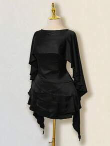 SHEIN ICON 女士缎面露背荷叶边修身迷你连衣裙，配腰带 - 黑色 - 查看 6