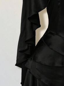 SHEIN ICON 女士缎面露背荷叶边修身迷你连衣裙，配腰带 - 黑色 - 查看 9