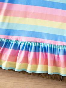 SHEIN Cute Baby Girl Blue Striped Summer Dress,Versatile Princess Multicolor Colorful Stripe Outfit For Toddlers,Pastel Birthday Party Wedding Performance - Multicolor - View 2