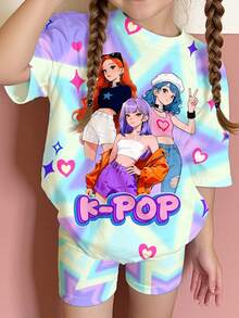 SHEIN 2pcs Tie-Dye, K-POP Cartoon Girl Portrait Casual Comfortable Round Neck Short Sleeve T-Shirt And Shorts Set, Suitable For Spring/Summer Daily Wear, Home, Sports - Multicolor - View 3