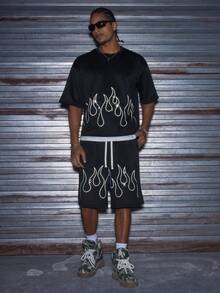 AXEPEAK Herren Lässig Set aus Flammen-Muster T-Shirt mit Strass und Shorts, Sommer - Schwarz - Übersicht 4