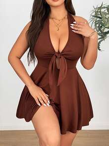 Sunnyshic 大码纯色弹力针织系带修身无袖连衣裙 - 棕色 - 查看 2