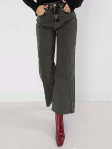 SHEIN PETITE 100%Cotton Raw Hem Wide Leg Jeans Petite - Light Grey - View 5