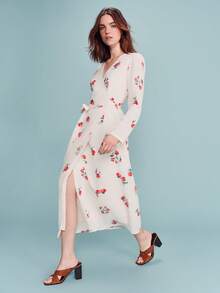 lacRébo 奶油黄长款梭织裹身连衣裙，饰以红色花卉印花图案，复古优雅的春夏法式巴黎风情。 - 米色 - 查看 5