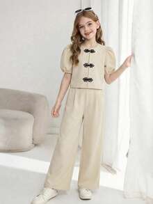 SHEIN 2pcs Girls Casual & Elegant Flutter Sleeve Round Neck Blouse And Wide Leg Pants Set - Apricot - View 9