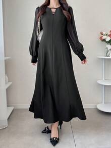 FRIFUL Đầm nữ màu trơn cổ khoét, tay voan mỏng, eo thon, dáng xòe, kiểu dáng thường ngày và đa năng. - màu đen - Xem 7