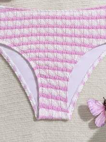 SHEIN Tween Girls Bikini Set Sweet And Spicy Vacation Style Purple And White Contrast Stripe Printed Folded Texture Fabric Hanging Neck Two Piece Set Bikini Swimsuit - Purple - View 4