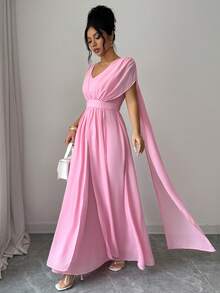 Elenzga Đầm maxi nữ màu trơn chất liệu chiffon, có lớp lót, xếp ly eo, dây rút điều chỉnh, vai rớt, kiểu dáng thanh lịch, cổ điển Pháp, lãng mạn và tối giản, phù hợp cho công sở, đi làm, kinh doanh, thường ngày, đi biển, hẹn hò, phong cách boho, mùa xuân/hè. - Hồng - Xem 6