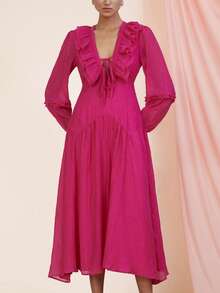 Revavyn 紫红色优雅奢华时尚褶皱纹理层叠荷叶边下摆深V领开衩A字型精致浪漫复古风女式长袖连衣裙 - 玫紅色 - 查看 6