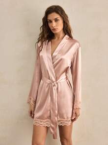 Charlaine Elegant French Satin Lace Women Robe - Dusty Pink - View 5