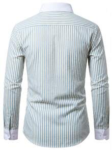 Manfinity Bizformal Camisa masculina casual listrada de manga comprida para o dia a dia - Azul e branco - Ver 2