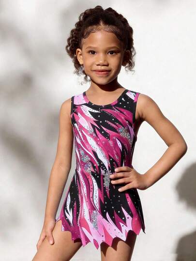 SHEIN Young Girls Sleeveless Printed Rhythmic Gymnastics Activewear, Comfortable & Skin-Friendly, Snug Fit Design To Prevent Exposure, School Dance Competition , Suitable For All Seasons Fall Winter