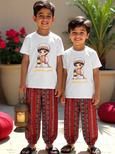 2 Pieces/Set Of Cartoon Portrait Printed Round Neck Short Sleeved T-Shirts And Full Body Printed Elastic Pants For Little Boys, Suitable For Occasions Such As Vacation, Travel, Family Gatherings, And Returning To School. Boys 2 Set Outfits Boys Summer Outfit Chata Pant Set For Boys Boys 2 Set Outfits With Design Boys Summer Pajama