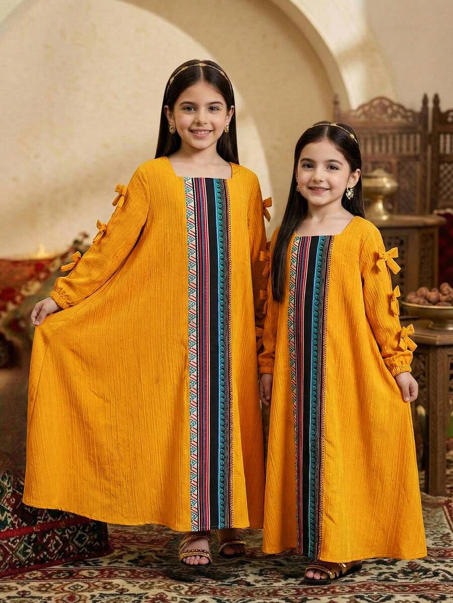 SHEIN Đầm maxi dài tay dáng chữ A rộng rãi, màu trơn, phối sọc, cổ vuông, trang trí nơ, dành cho bé gái tuổi teen, thích hợp cho du lịch, nghỉ dưỡng, phong cách đồng quê, nghỉ mát thường ngày, phong cách bohemian, hoặc phối đồ đôi cho chị em gái. - Nhiều màu - Xem 1