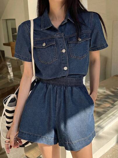 SHEIN 2Pcs Tween Girls Fashion Casual Y2k Vintage Cool Street Dark Blue Denim Short-Sleeved Shirt And Stretch Elastic-Waist Loose And Comfortable Denim Shorts Set Of 2 Pieces For Kids Clothes Tween Girls Dailywear And Kids Spring To Summer Rave Outfits Festival And Outfits Streetwear Clothes