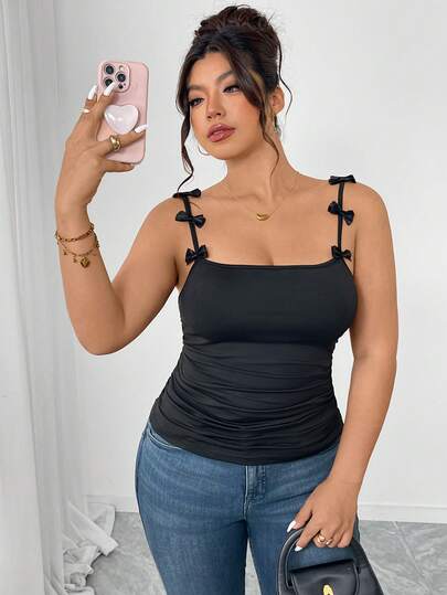Elenzga Top de camiseta sin mangas negro de talla grande para mujer, con alta elasticidad, ajuste ceñido, correas con lazo elegantes, versátil para usar como prenda exterior en fiestas, brunch, ir al trabajo