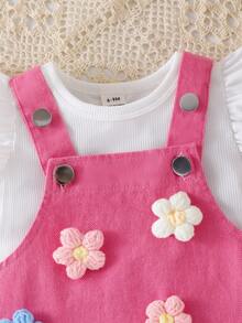 2pcs Baby Girls' Knitted Ribbed Ruffle Sleeve Top And Crochet Flower Strap Dress Set, Cute And Sweet Casual Summer Cartoon Outfit - White - View 4