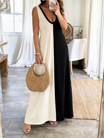 Weeklong Plus Size Women's U-Neck Colorblock Loose A-Line Casual Long Dress, Spring/Summer