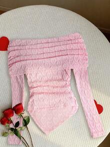 Rafferiza Elegant och trendig t-shirt med smal passform, bara axlar och stort slag, hjärtmönster i spets för unga kvinnor, lämplig för vår/höst - Rosa - Visa 2