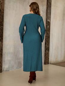 Flirla 大码女式简约百搭复古硬币纹理面料圆领前中金属扣腰部实用口袋长袖连衣裙牛仔连衣裙女式西部连衣裙蓝绿色连衣裙女式法式连衣裙大码女式西部服装女式西部连衣裙 - 水鴨藍 - 查看 2