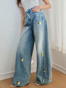 Anewsta Women's Fashion Pockets Fruit Embroidery Straight Leg Jeans - Blue - View 3