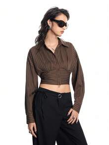 Airlisse Women's Spring/Summer New Ruched Pleated Brown Striped Elegant Fashionable Urban Chic Long Sleeve Blouse - Brown - View 1